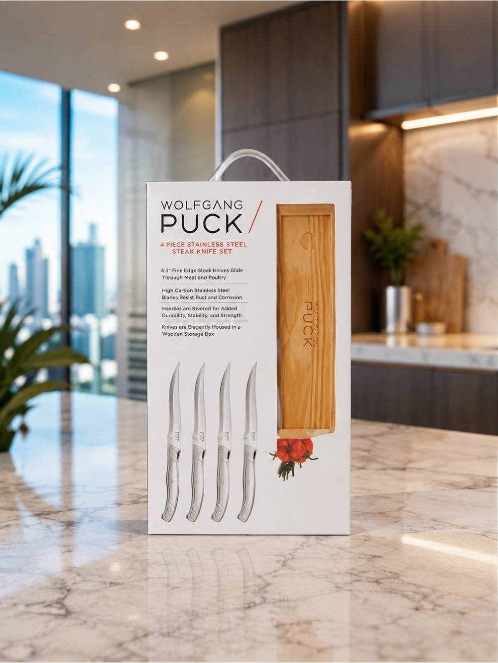 Wolfgang Puck 4-Piece Stainless Steel Steak Knife Set - Silver with Wooden Box